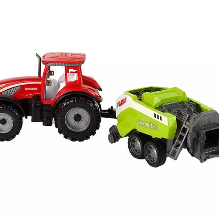 Raudonas traktorius su žalia sėjamąja, frikcinė pavara
