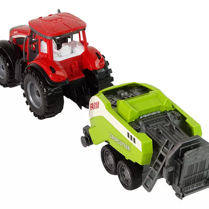 Raudonas traktorius su žalia sėjamąja, frikcinė pavara