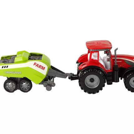 Raudonas traktorius su žalia sėjamąja, frikcinė pavara