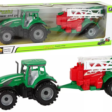 Žalias ūkinis traktorius su raudonu ir žaliu purkštuvu, varomas frikciniu būdu
