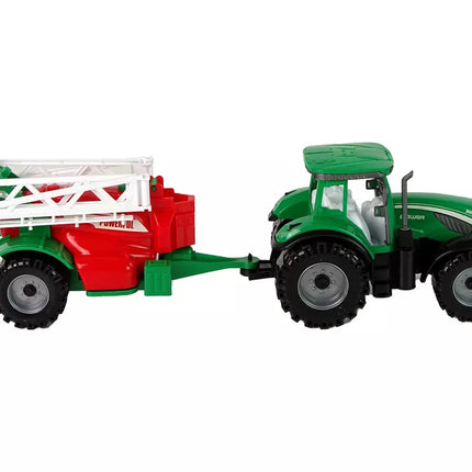 Žalias ūkinis traktorius su raudonu ir žaliu purkštuvu, varomas frikciniu būdu