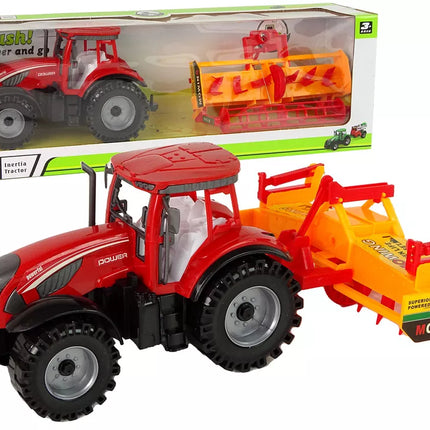 Raudonas traktorius su oranžiniu kultivatoriaus pavaros mechanizmu