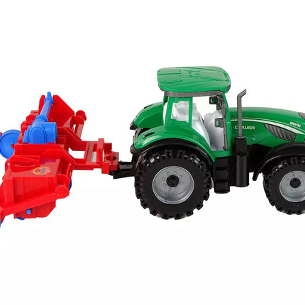 Traktorius su plūgu, frikcinis variklis, raudonas
