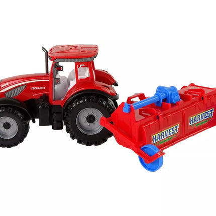 Raudonas traktorius su plūgu, frikcinis variklis