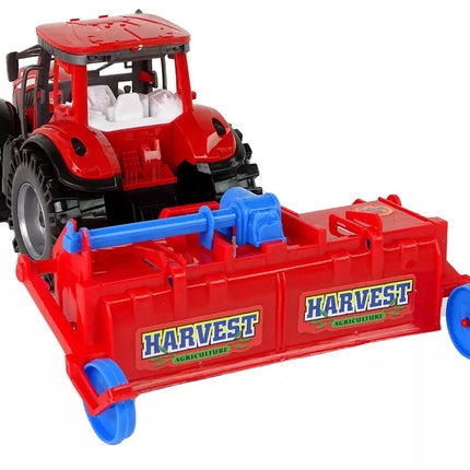 Raudonas traktorius su plūgu, frikcinis variklis