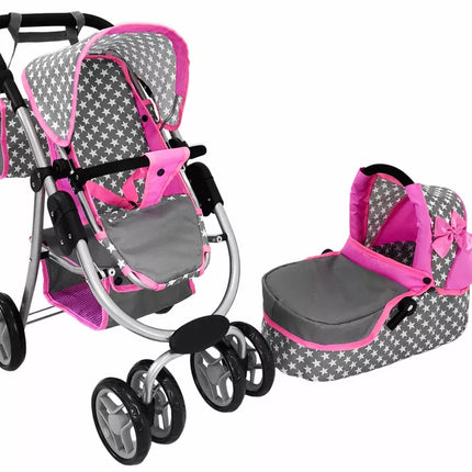Vaikiškas lėlių vežimėlis 2-in-1 nešiojama tašė rožinės žvaigždės