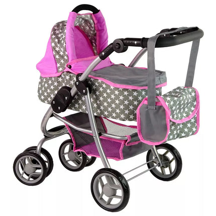 Vaikiškas lėlių vežimėlis 2-in-1 nešiojama tašė rožinės žvaigždės