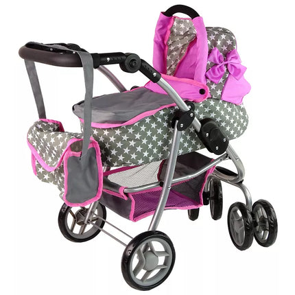 Vaikiškas lėlių vežimėlis 2-in-1 nešiojama tašė rožinės žvaigždės