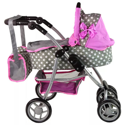 Vaikiškas lėlių vežimėlis 2-in-1 nešiojama tašė rožinės žvaigždės