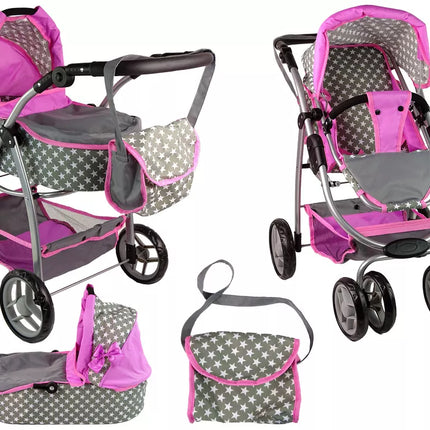 Vaikiškas lėlių vežimėlis 2-in-1 nešiojama tašė rožinės žvaigždės