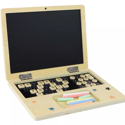 Medinė lenta-nešiojamas kompiuteris-kreida