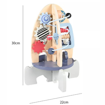 Medinis raketės formos žaislas su karoliukais ir krumpliaračiais