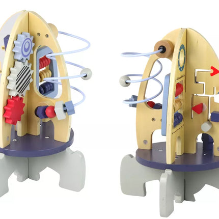 Medinis raketės formos žaislas su karoliukais ir krumpliaračiais