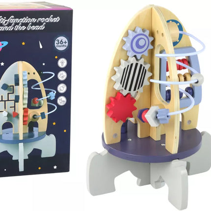 Medinis raketės formos žaislas su karoliukais ir krumpliaračiais
