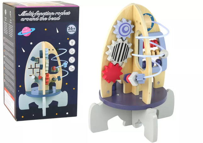 Medinis raketės formos žaislas su karoliukais ir krumpliaračiais