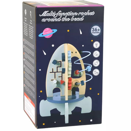 Medinis raketės formos žaislas su karoliukais ir krumpliaračiais