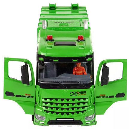 Žalias nuotoliniu būdu valdomas šiukšliavežis nuotolinio valdymo pultas 2.4G šviesos garsas