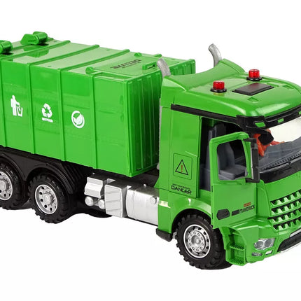 Žalias nuotoliniu būdu valdomas šiukšliavežis nuotolinio valdymo pultas 2.4G šviesos garsas