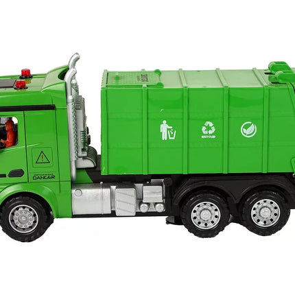 Žalias nuotoliniu būdu valdomas šiukšliavežis nuotolinio valdymo pultas 2.4G šviesos garsas