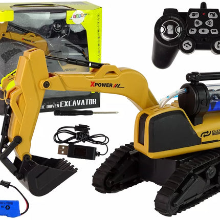 Didelis nuotoliniu būdu valdomas geltonas vikšrinis ekskavatorius