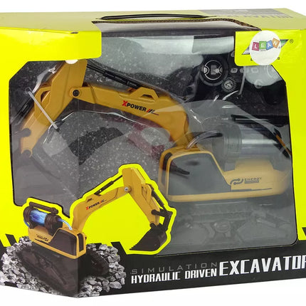 Didelis nuotoliniu būdu valdomas geltonas vikšrinis ekskavatorius