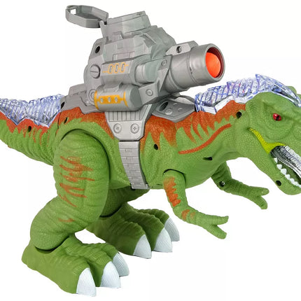 Dinozauras su katapulta vaikšto šaudo žaliai