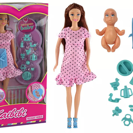 Nėščios mamos lėlė su rožine suknele ir priedais