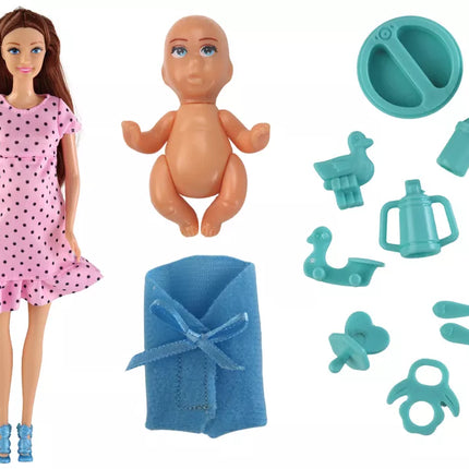 Nėščios mamos lėlė su rožine suknele ir priedais