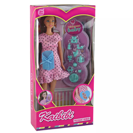 Nėščios mamos lėlė su rožine suknele ir priedais