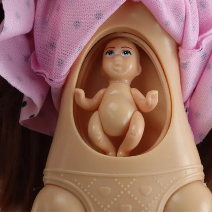 Nėščios mamos lėlė su rožine suknele ir priedais