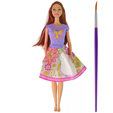 Lėlė ilgais plaukais su piešiniu ant suknelės