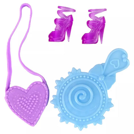 Lėlė ilgais plaukais su piešiniu ant suknelės