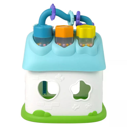 Edukacinis rūšiavimo namelis su mėlynais kaladėlėmis.