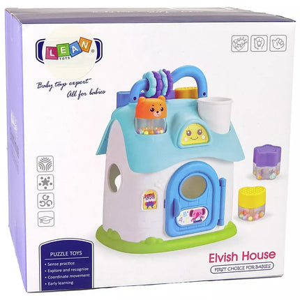 Edukacinis rūšiavimo namelis su mėlynais kaladėlėmis.