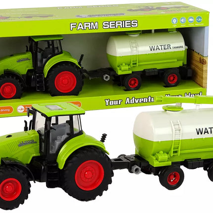 Traktorius su didelių ratų priekaba žalias ūkis