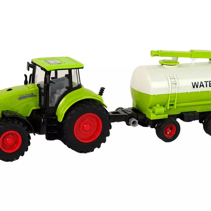 Traktorius su didelių ratų priekaba žalias ūkis