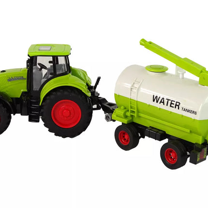 Traktorius su didelių ratų priekaba žalias ūkis