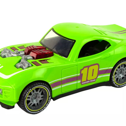 Žalias sportinis automobilis su garsais ir šviesomis, mastelis 1:14