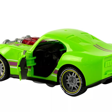 Žalias sportinis automobilis su garsais ir šviesomis, mastelis 1:14