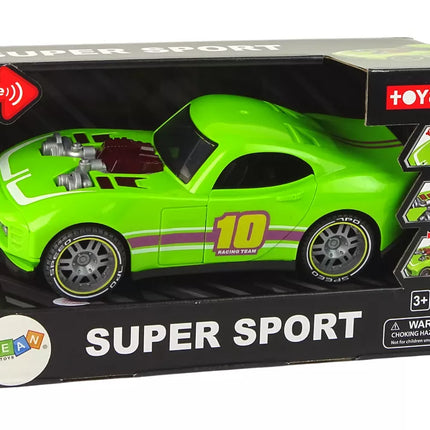 Žalias sportinis automobilis su garsais ir šviesomis, mastelis 1:14