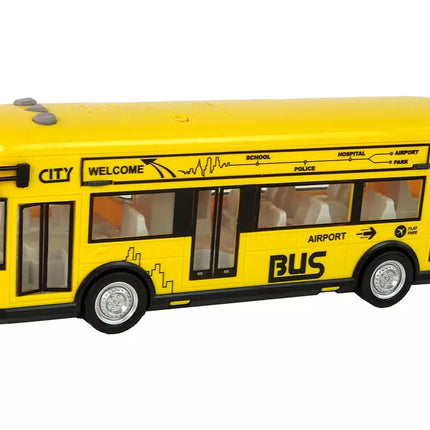 Geltonas miesto autobusas su frikciniu varikliu 1:18