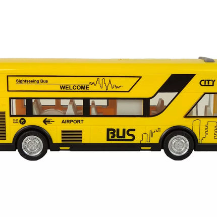 Geltonas miesto autobusas su frikciniu varikliu 1:18
