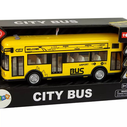 Geltonas miesto autobusas su frikciniu varikliu 1:18