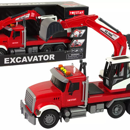 Sunkvežimis su ekskavatoriumi traktoriumi Ekskavatoriaus garsai šviesos