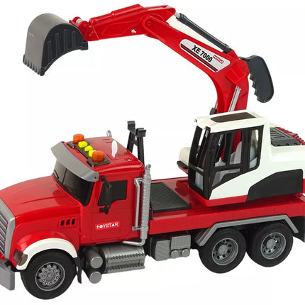 Sunkvežimis su ekskavatoriumi traktoriumi Ekskavatoriaus garsai šviesos