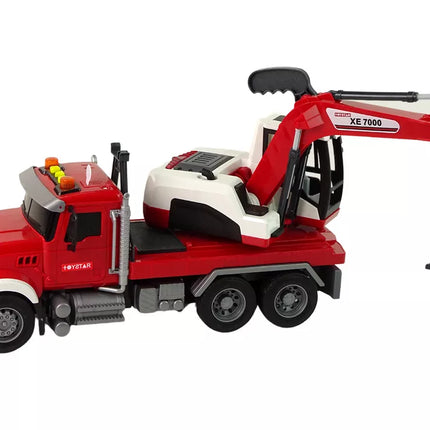 Sunkvežimis su ekskavatoriumi traktoriumi Ekskavatoriaus garsai šviesos