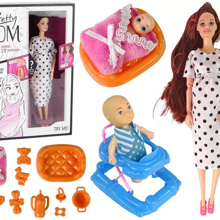 Nėščia lėlė kūdikis ilgais plaukais priedai