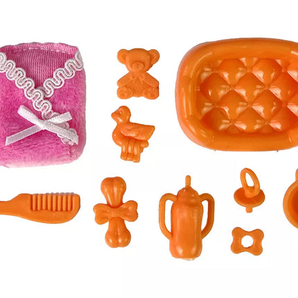 Nėščia lėlė kūdikis ilgais plaukais priedai