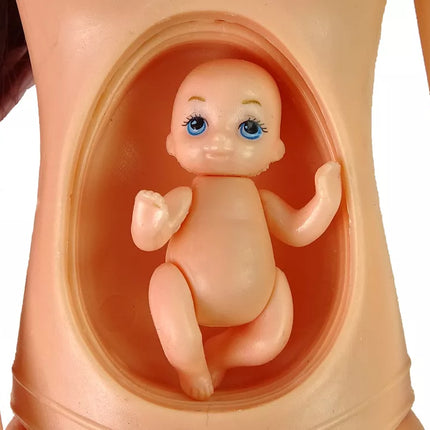 Nėščia lėlė kūdikis ilgais plaukais priedai