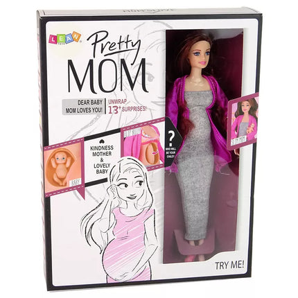 Nėščia lėlė kūdikis ilgais plaukais priedai